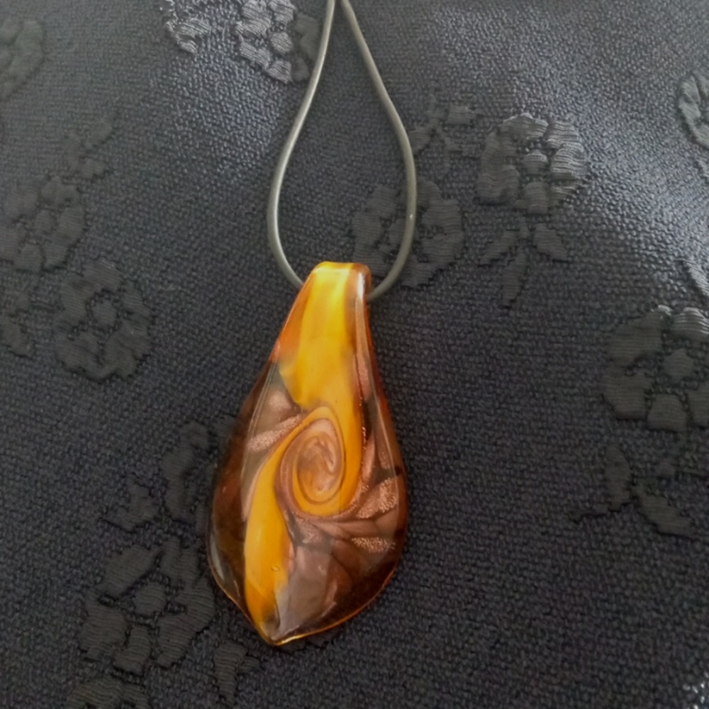 Vintage New! Glass Stylized Teardrop Pendant with Faux Leather Cord